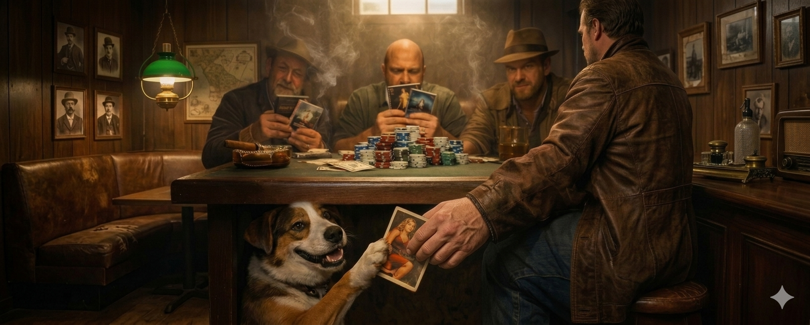 Poker game with men and dog holding book covers as cards in a dimly lit room