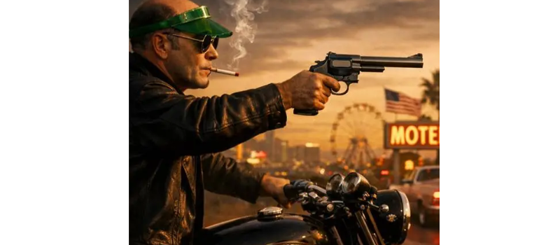 Writer Hunter S Thompson on a motorcycle pointing a gun