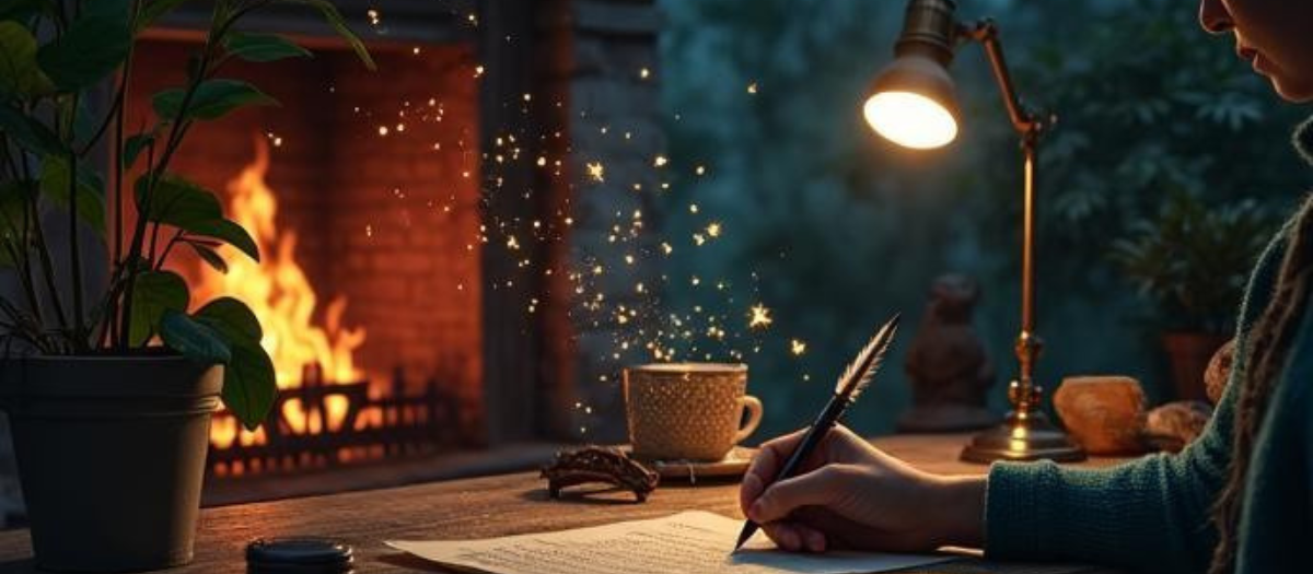Person writing with quill by fire, Story Forge craft theme