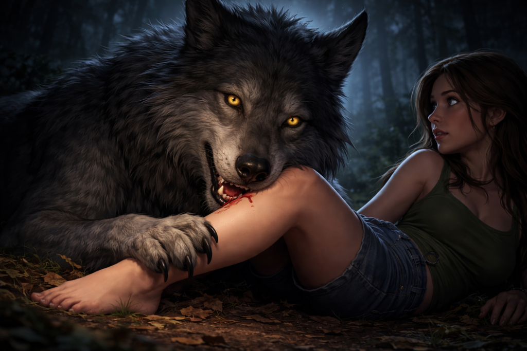 wolf biting a young woman for the short story Alpha Bites