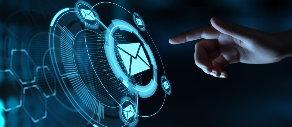 Futuristic digital contact concept with email icons and technology interface