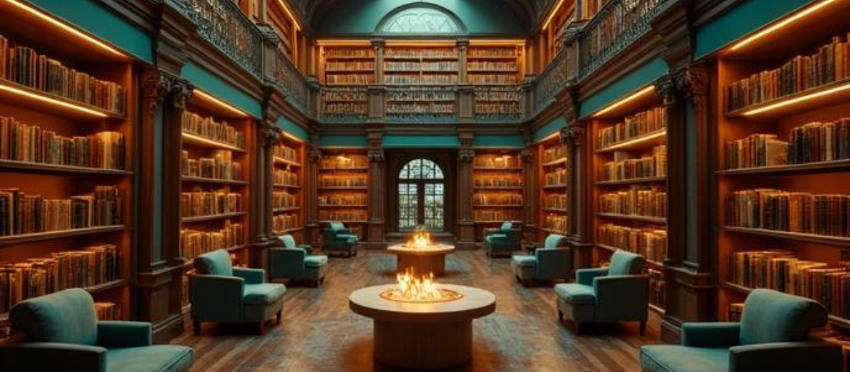 Cozy library with bookshelves, chairs, and central fireplaces