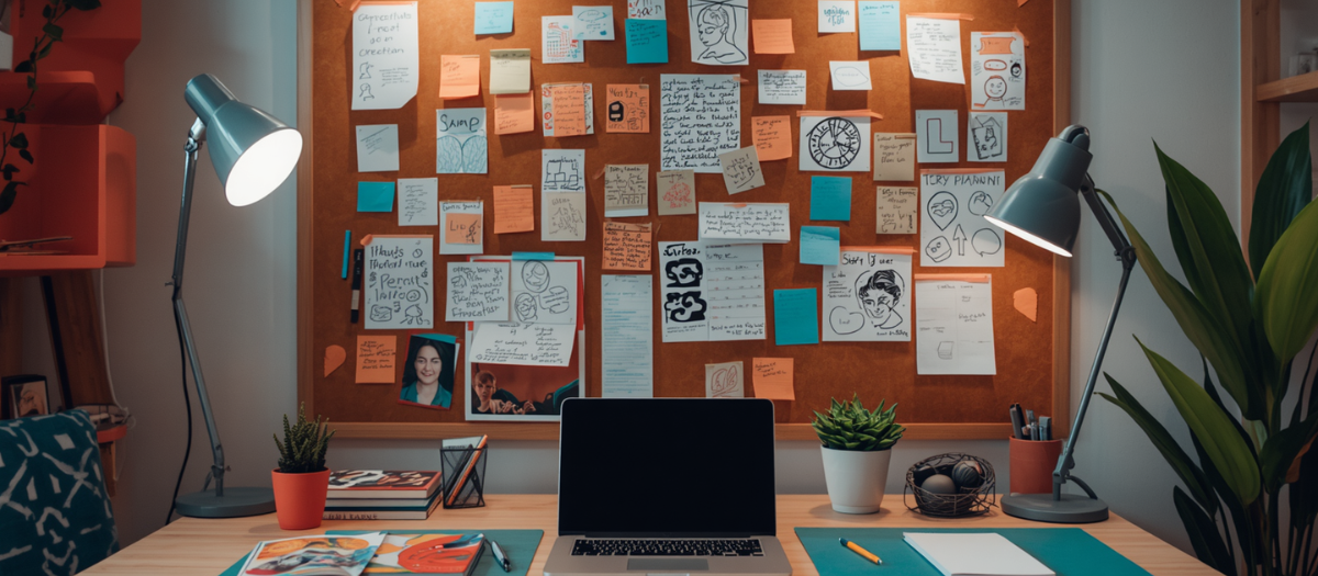 Writer's desk with laptop and inspiration board filled with notes and sketches